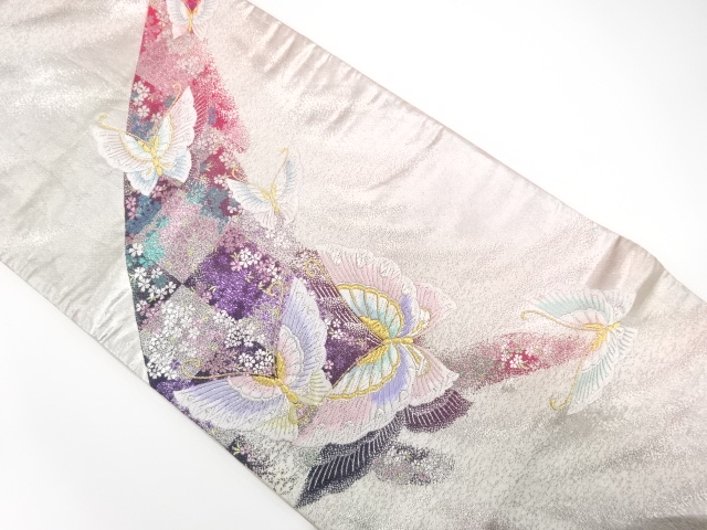 蝶に小花模様織り出し　振袖用袋帯